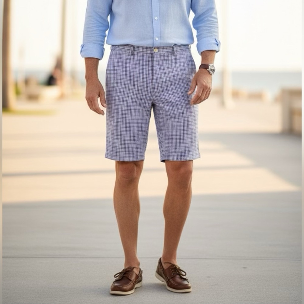 Vineyard Vines Men's Purple and Blue Plaid Shorts